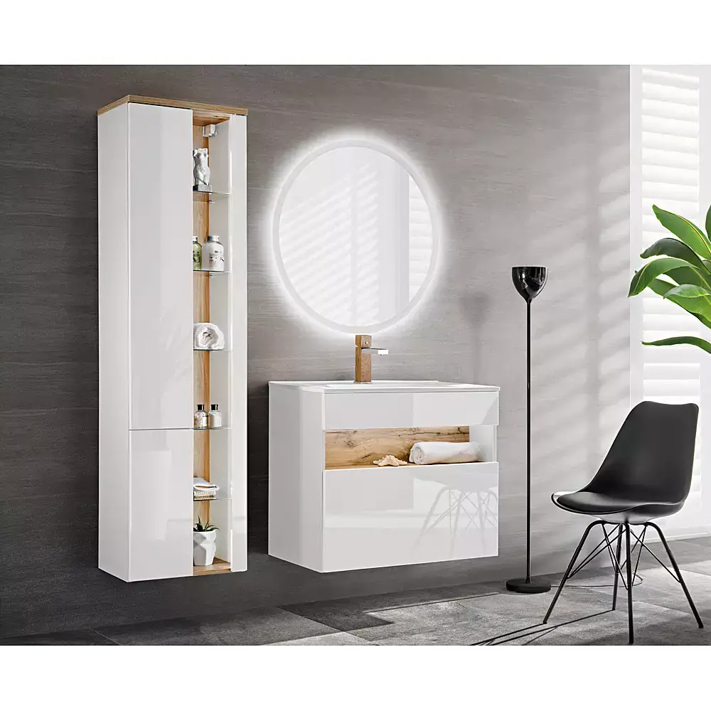 Lomadox Badmöbel Set mit Keramik-Waschtisch inkl LED BERMUDA-56 in Weiß-Hochglanz mit Wotaneiche B/H/T: 145/190/45cm