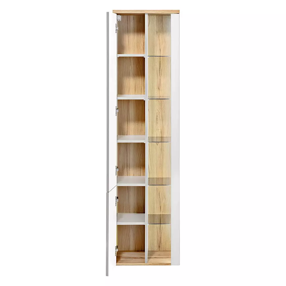 Lomadox Badmöbel Set mit Keramik-Waschtisch inkl LED BERMUDA-56 in Weiß-Hochglanz mit Wotaneiche B/H/T: 145/190/45cm Riesige Rabatte