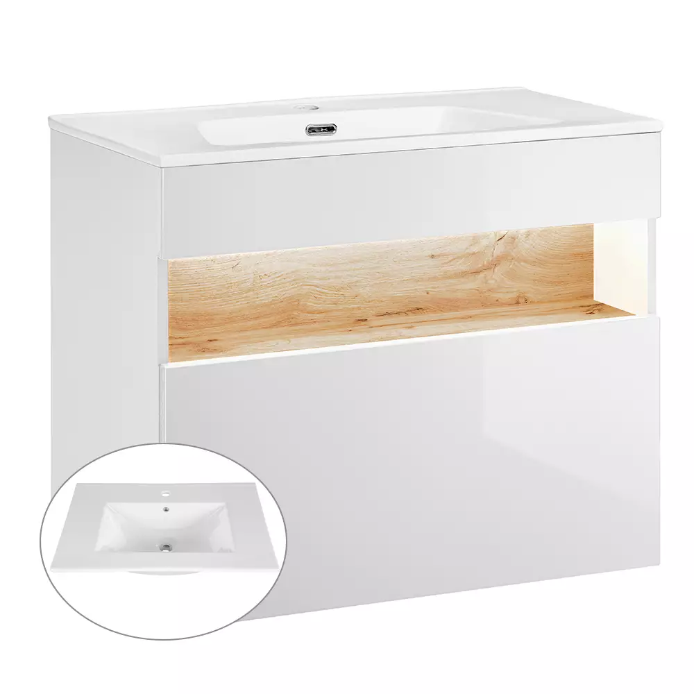 Lomadox Badmöbel Set mit Keramik-Waschtisch inkl LED BERMUDA-56 in Weiß-Hochglanz mit Wotaneiche B/H/T: 145/190/45cm Riesige Rabatte