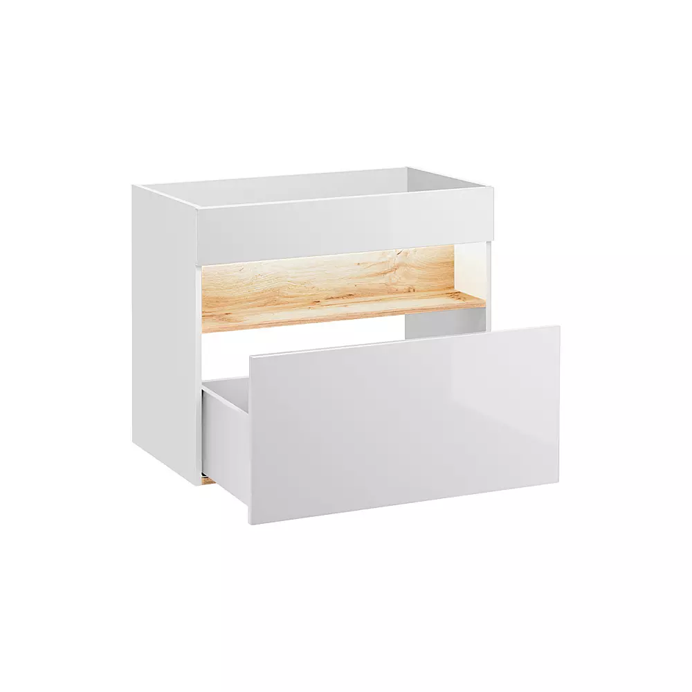 Lomadox Badmöbel Set mit Keramik-Waschtisch inkl LED BERMUDA-56 in Weiß-Hochglanz mit Wotaneiche B/H/T: 145/190/45cm Riesige Rabatte