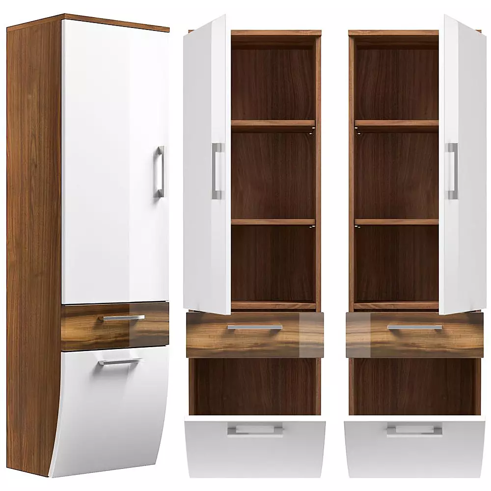 Lomadox Badmöbel Hochschrank RIMAO-100 Hochglanz weiß, Walnuss Nb., B x H x T ca.: 40 x 134,5 x 30 cm
