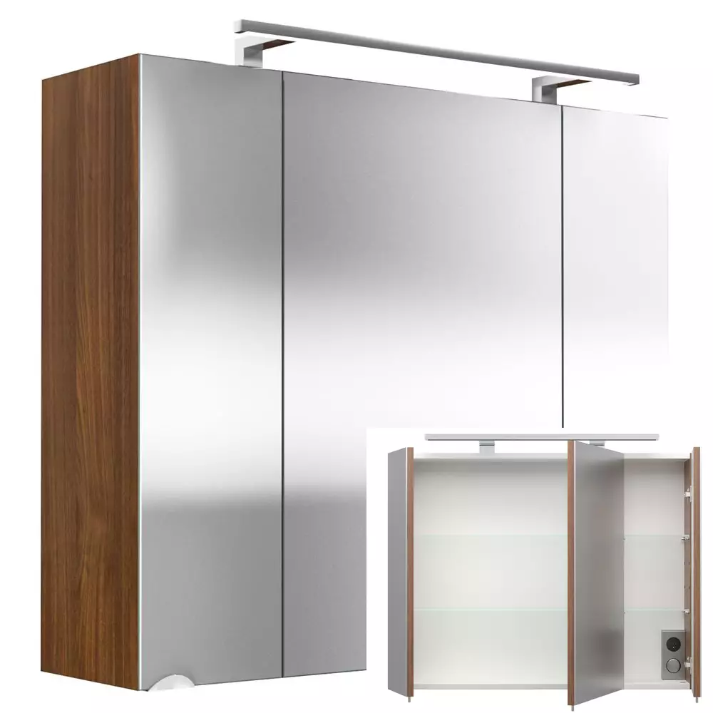 Lomadox Spiegelschrank 80cm Walnuss Nb. RIMAO-100 mit LED-Beleuchtung, B x H x T: ca. 80 x 68 x 20 cm