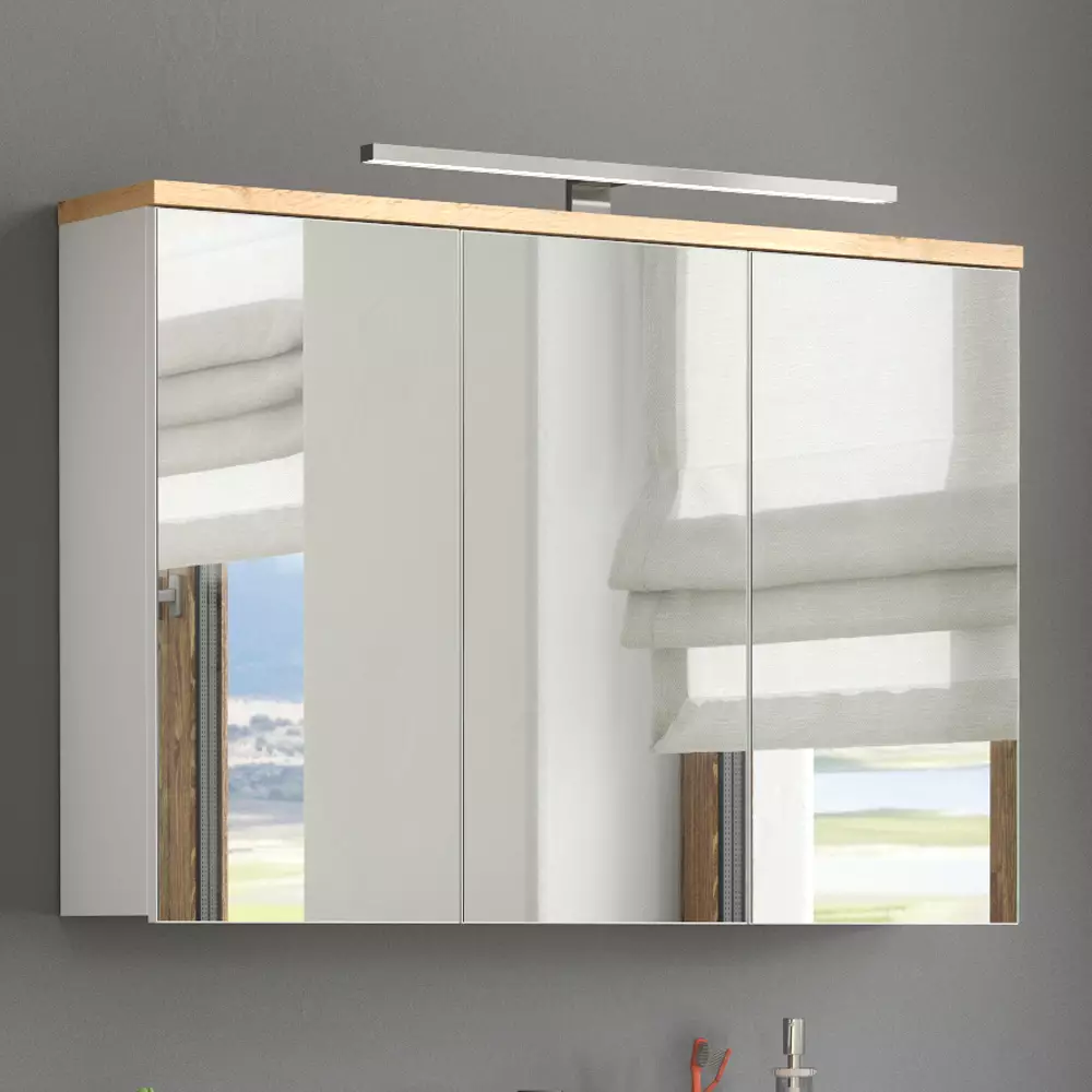 Lomadox Spiegelschrank 100cm mit LED-Beleuchtung SOLNA-56 weiß mit Wotaneiche B/H/T ca. 100/74/20 cm