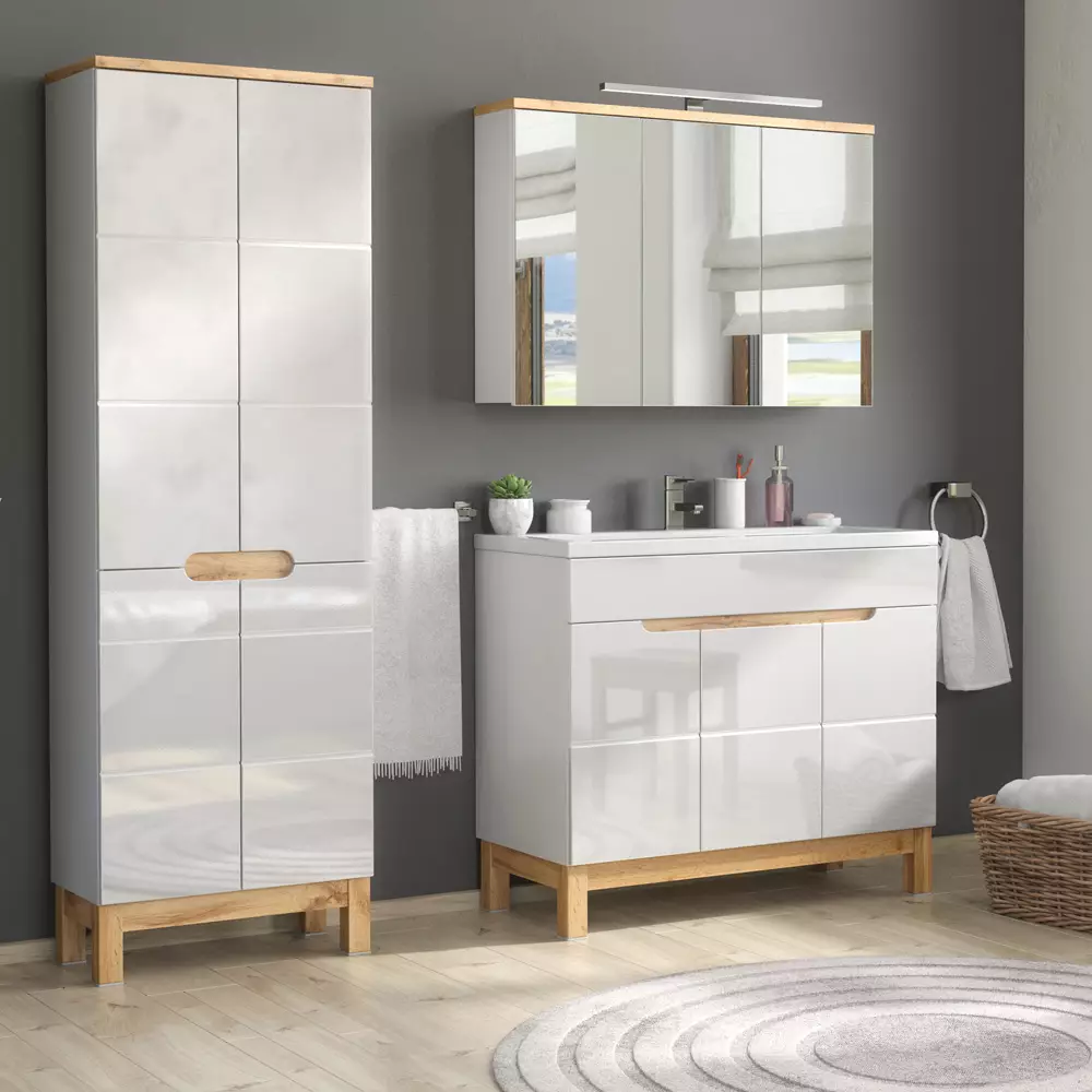 Lomadox Spiegelschrank 100cm mit LED-Beleuchtung SOLNA-56 weiß mit Wotaneiche B/H/T ca. 100/74/20 cm Begrenzt auf 3 Tage