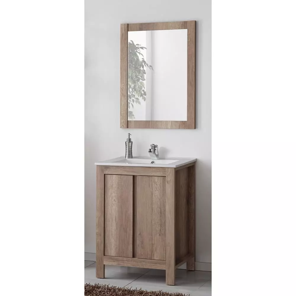 Lomadox Badezimmer Waschplatz inkl. 60cm Keramik Waschbecken, Country Eiche Nb. MOSINA-56, B x H x T ca. 60 x 200 x 46cm