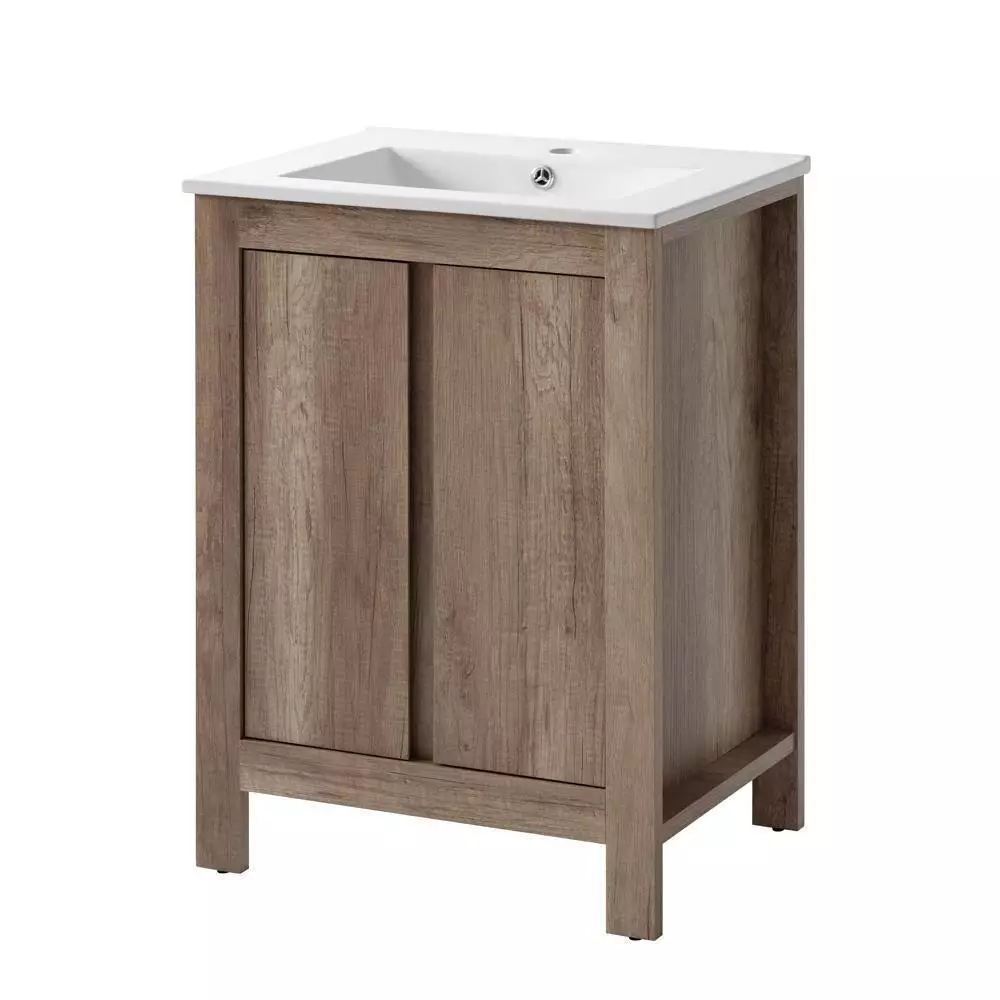 Lomadox Badezimmer Waschplatz inkl. 60cm Keramik Waschbecken, Country Eiche Nb. MOSINA-56, B x H x T ca. 60 x 200 x 46cm Black Friday Preise