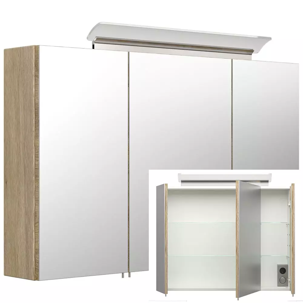 Lomadox Badmöbel Spiegelschrank 100cm in Eiche hell ABUJA-02 inkl. LED-Acryllampe, B/H/T: 100/62/17cm