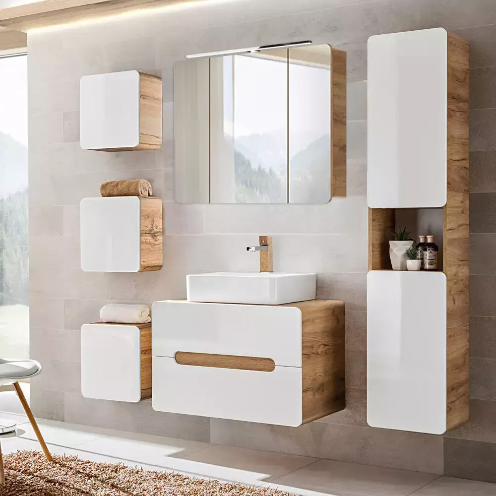 Lomadox Badezimmer Komplett Set 6-tlg in Hochglanz weiß mit Wotan Eiche Nb. LUTON-56 mit Keramik Aufsatzbecken, B/H/T CA: 180/200/46 cm