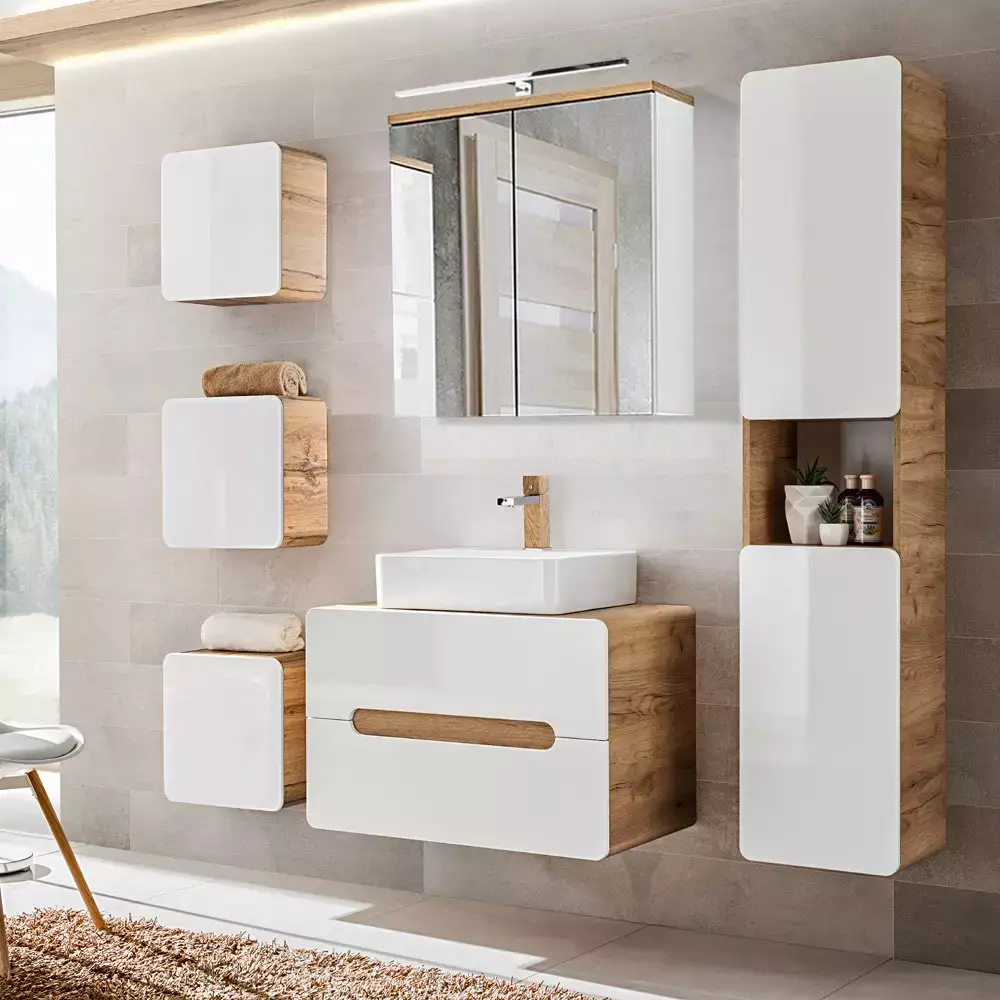 Lomadox Badezimmer Komplett-Set Hochglanz weiß, Wotan Eiche Nb. LUTON-56 Keramik-Waschtisch, LED-Spiegelschrank B/H/T ca. 180/200/46 cm