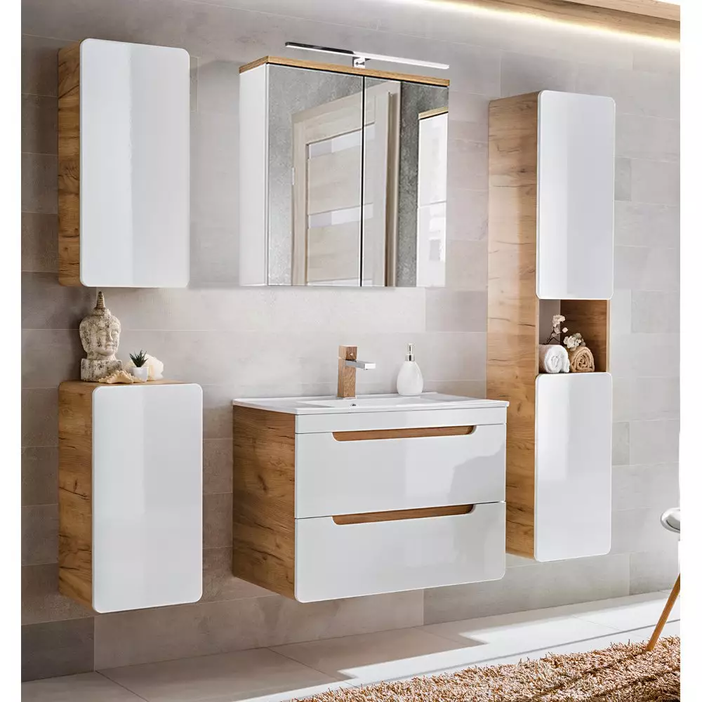 Lomadox Badezimmer Komplettset in Hochglanz weiß mit Wotan Eiche Nb. LUTON-56 B/H/T ca. 181/195/46 cm