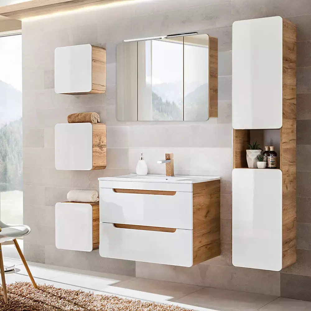 Lomadox Badezimmer Komplettset in Hochglanz weiß mit Wotan Eiche Nb. LUTON-56 mit LED-Spiegelschrank, B/H/T ca. 180/200/46 cm