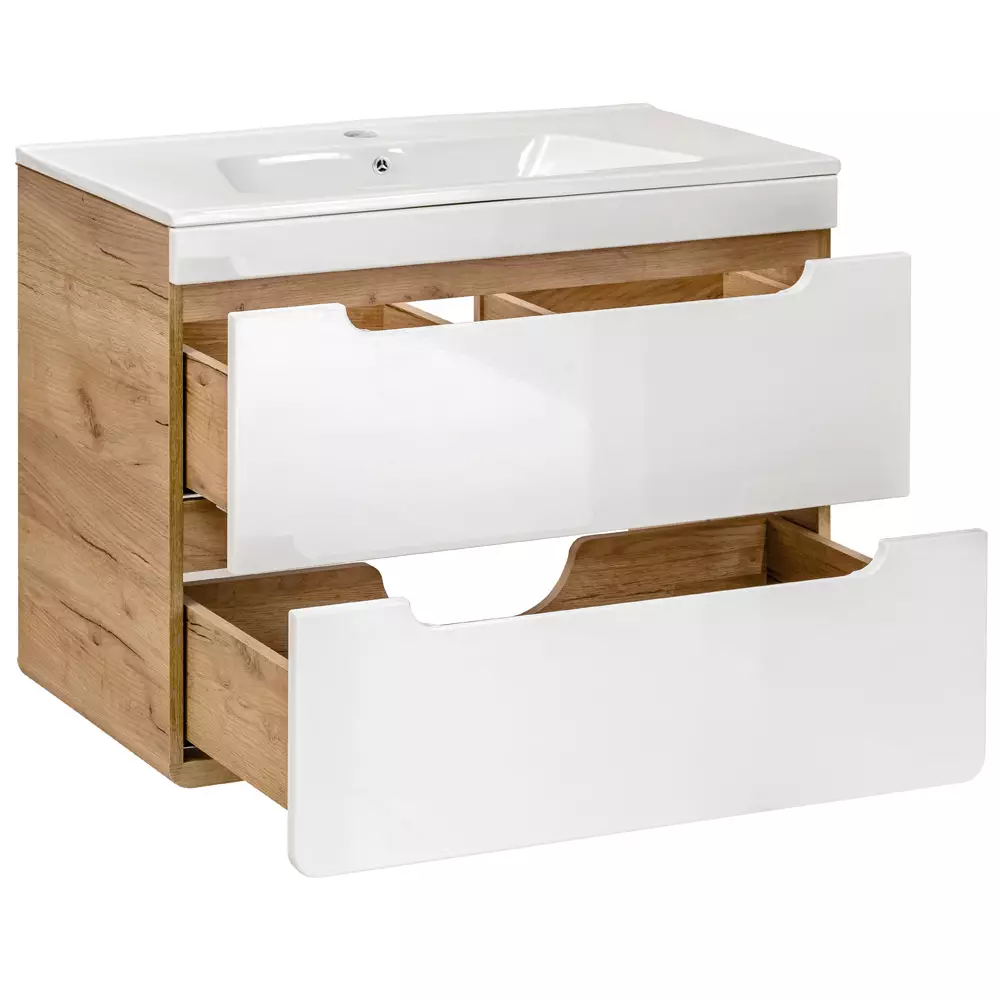 Lomadox Badezimmer Komplettset in Hochglanz weiß mit Wotan Eiche Nb. LUTON-56 mit LED-Spiegelschrank, B/H/T ca. 180/200/46 cm Hotsell
