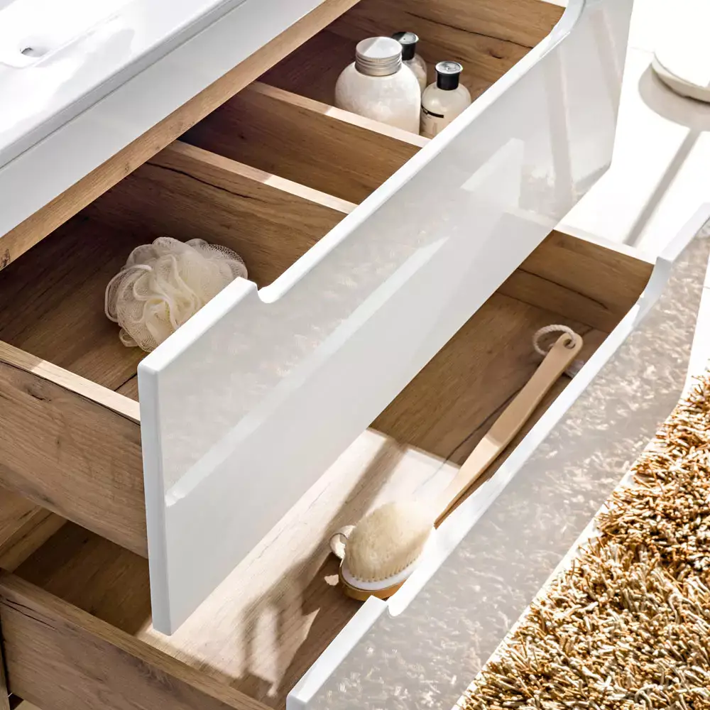 Lomadox Badezimmer Komplettset in Hochglanz weiß mit Wotan Eiche Nb. LUTON-56 mit LED-Spiegelschrank, B/H/T ca. 180/200/46 cm Hotsell