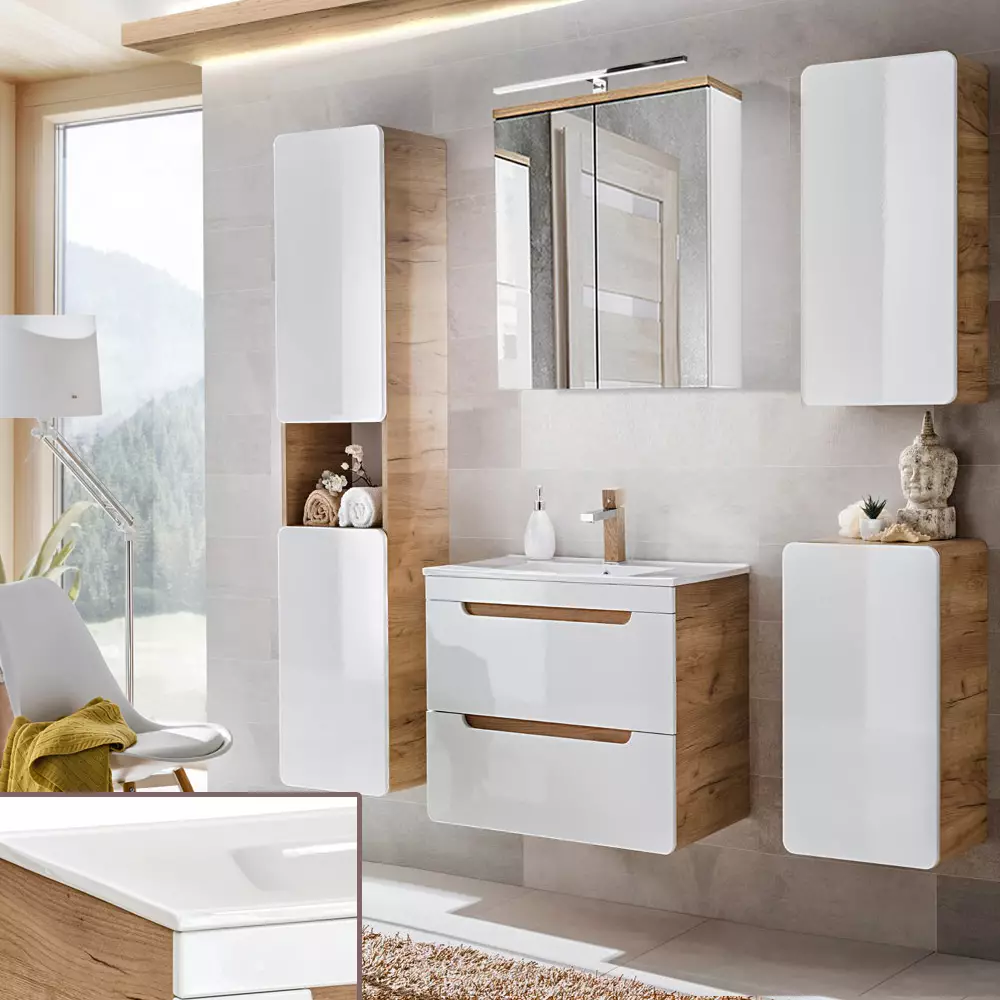 Lomadox Badezimmer Möbel Set Hochglanz weiß inkl. 61 cm Keramikwaschtisch LUTON-56, B/H/ T ca. 161/200/46 cm