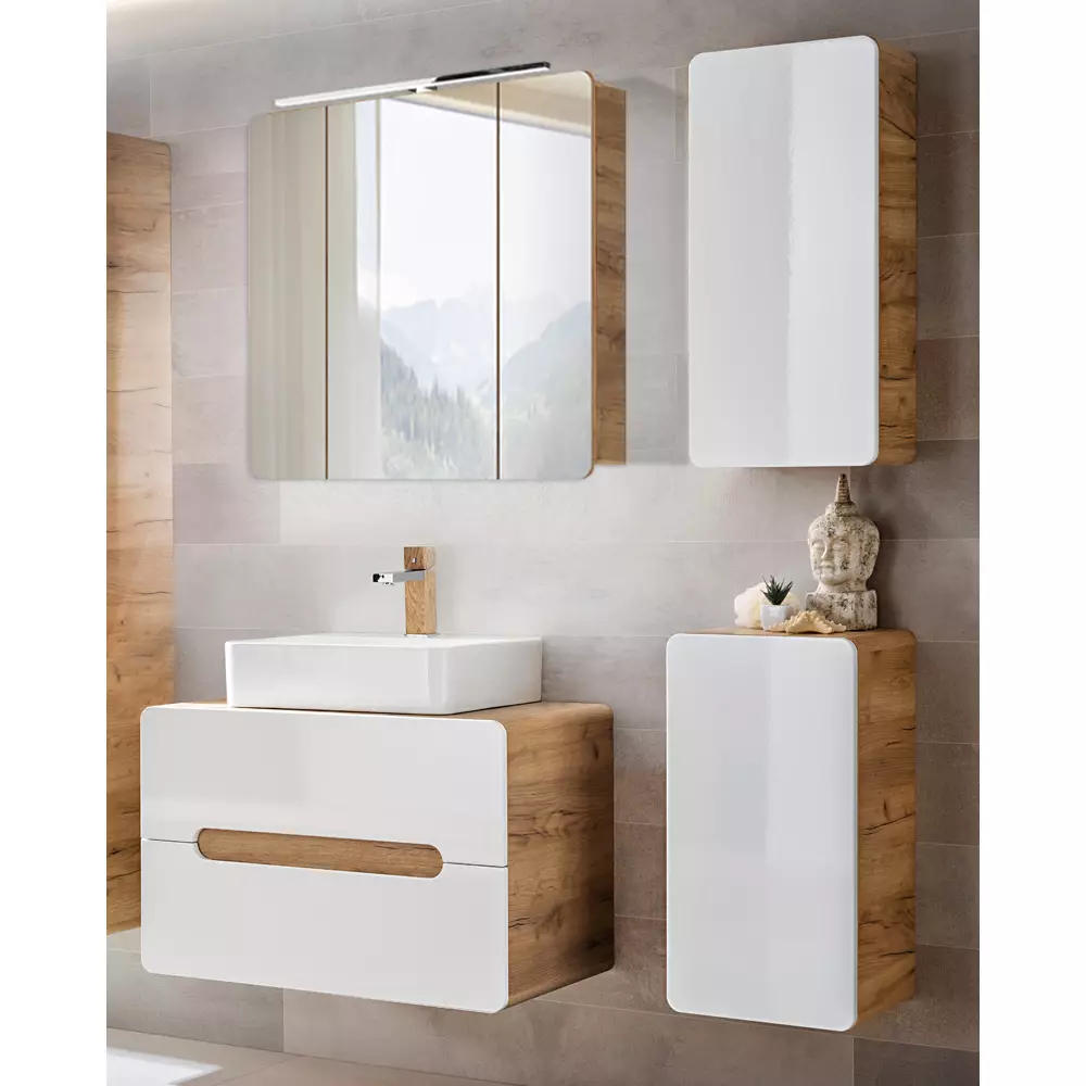 Lomadox Badezimmer Möbelset mit Keramik Waschtisch LUTON-56 in Hochglanz weiß mit Wotan Eiche Nb., B/H/T ca. 130/200/46 cm