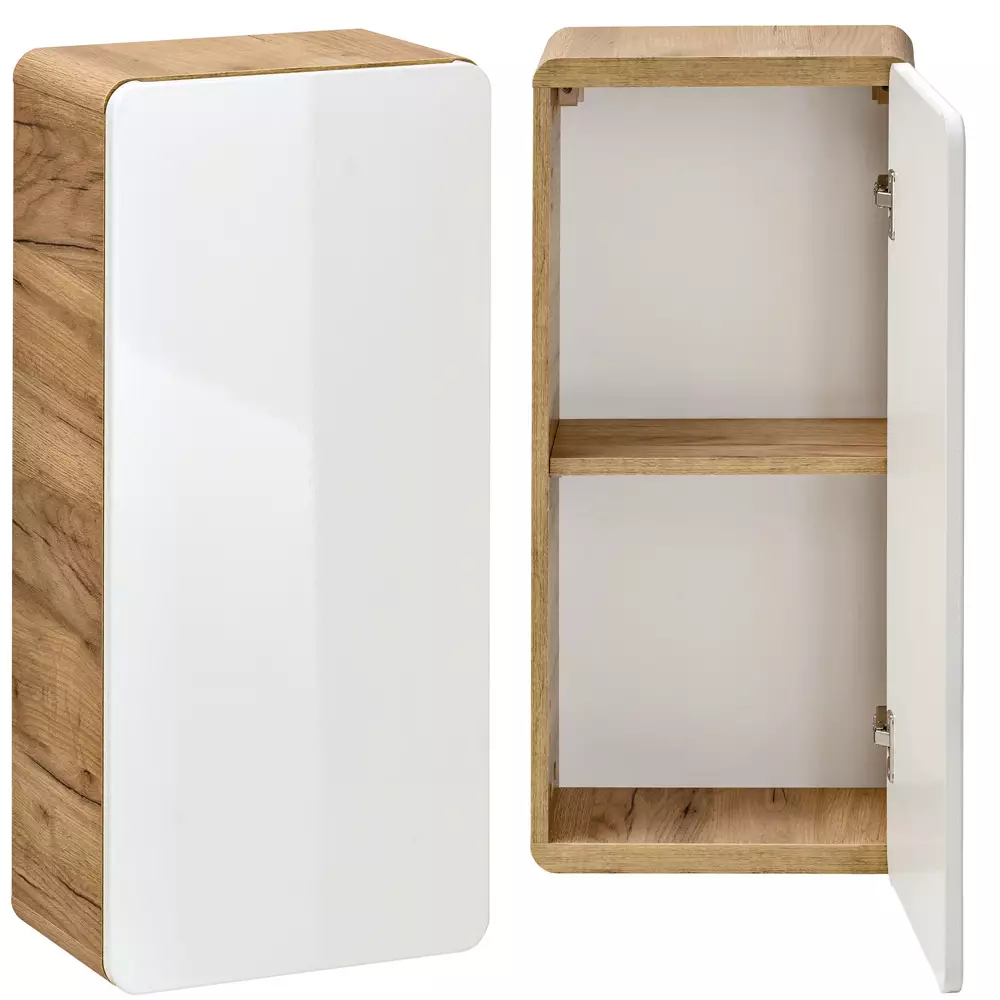 Lomadox Badezimmer Möbelset mit Keramik Waschtisch LUTON-56 in Hochglanz weiß mit Wotan Eiche Nb., B/H/T ca. 130/200/46 cm Günstiger Verkauf