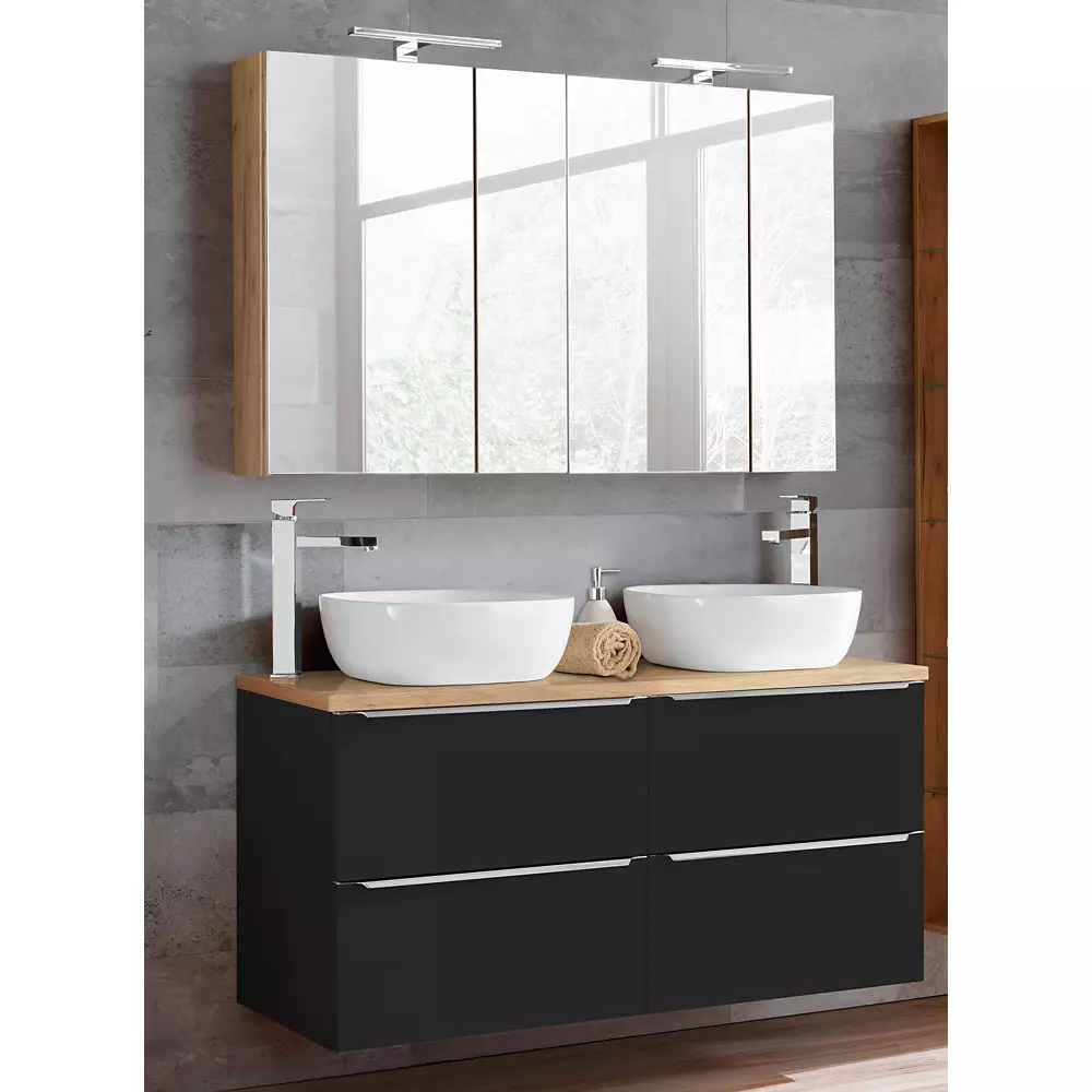 Lomadox Badezimmer Set seidenmatt anthrazit & Wotaneiche TOSKANA-BLACK-56 121cm Waschtisch inkl. 2 Aufsatzwaschbecken, LED-Spiegelschränke B/H/T ca.: 121/200/46cm