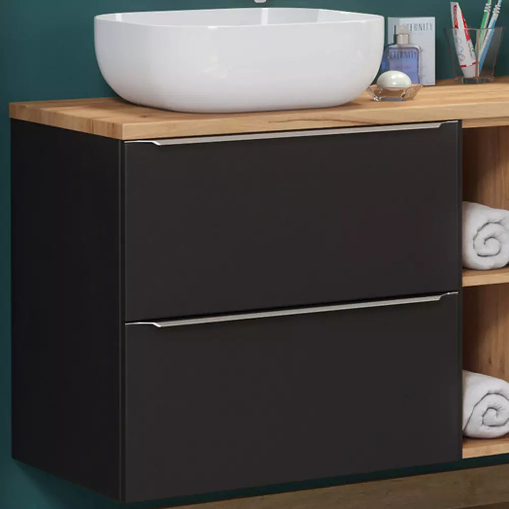 Lomadox Badezimmer Set seidenmatt anthrazit & Wotaneiche TOSKANA-BLACK-56 121cm Waschtisch inkl. 2 Aufsatzwaschbecken, LED-Spiegelschränke B/H/T ca.: 121/200/46cm Fabrikverkauf