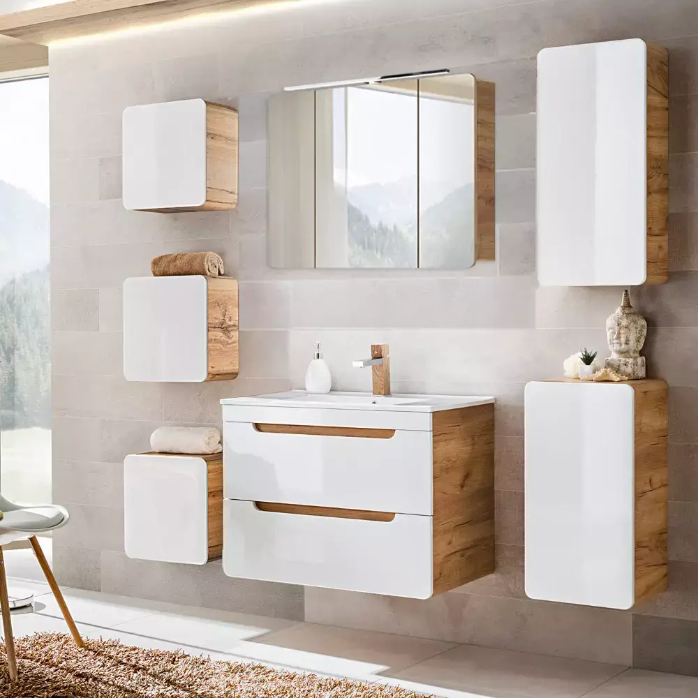 Lomadox Badezimmer Set 7-tlg in Hochglanz weiß mit Wotan Eiche Nb. LUTON-56 mit LED-Spiegelschrank, B/H/T ca. 180/200/46 cm