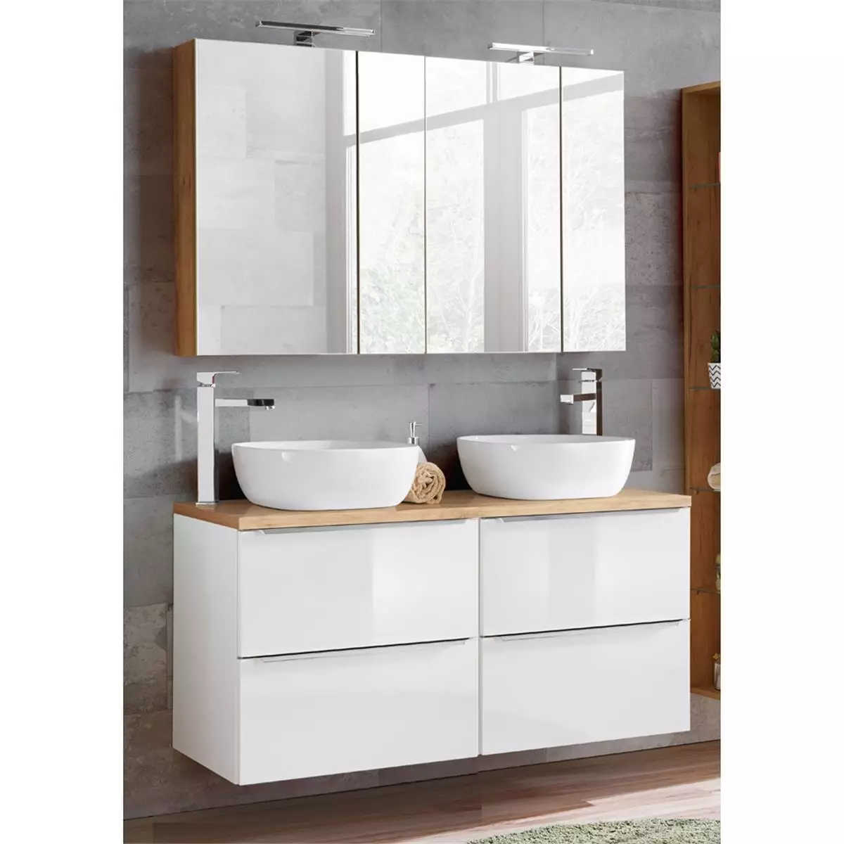 Lomadox Badezimmer Set Hochglanz weiß & Wotaneiche TOSKANA-56 121cm Waschtisch inkl. 2 Aufsatzwaschbecken, LED-Spiegelschränke B/H/T ca.: 121/200/46cm