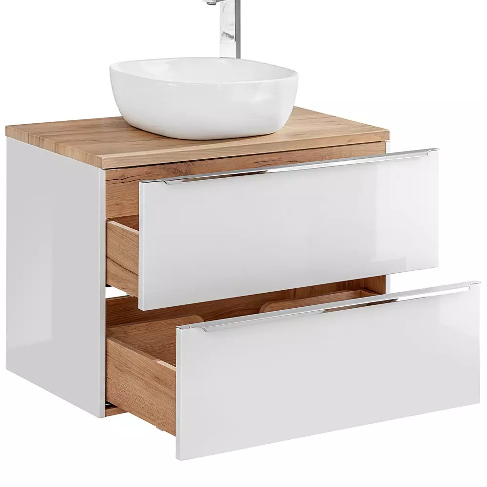 Lomadox Badezimmer Set Hochglanz weiß & Wotaneiche TOSKANA-56 121cm Waschtisch inkl. 2 Aufsatzwaschbecken, LED-Spiegelschränke B/H/T ca.: 121/200/46cm Blitzverkäufe