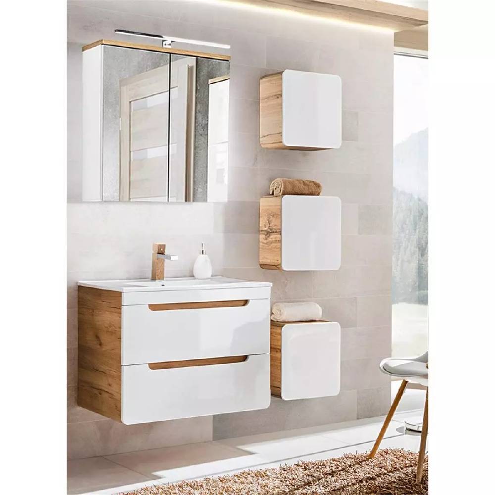 Lomadox Badezimmer Set Hochglanz weiß mit Wotan Eiche Nb. LUTON-56 mit 81 cm Waschtisch & LED-Spiegelschrank, B/H/T ca. 130/200/46 cm