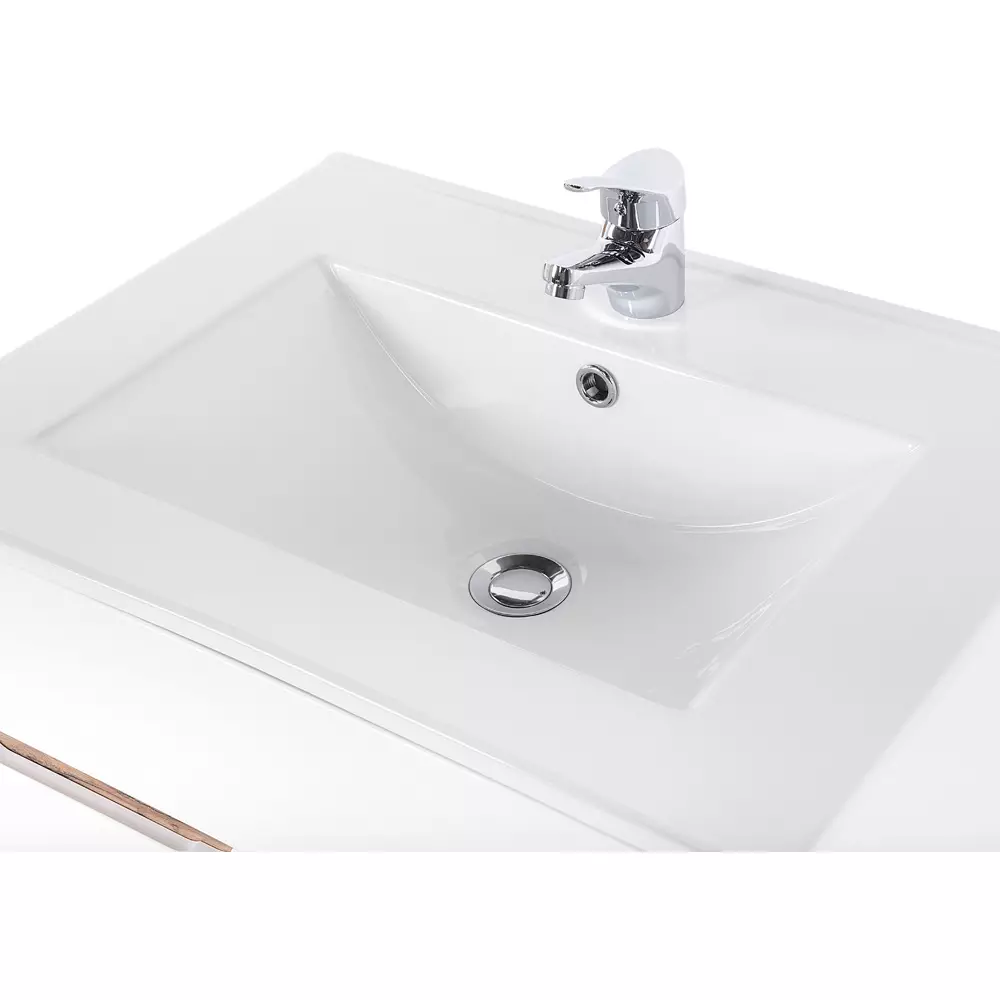 Lomadox Badezimmer Set Hochglanz weiß mit Wotan Eiche Nb. LUTON-56 mit 81 cm Waschtisch & LED-Spiegelschrank, B/H/T ca. 130/200/46 cm Kostenloser Versand