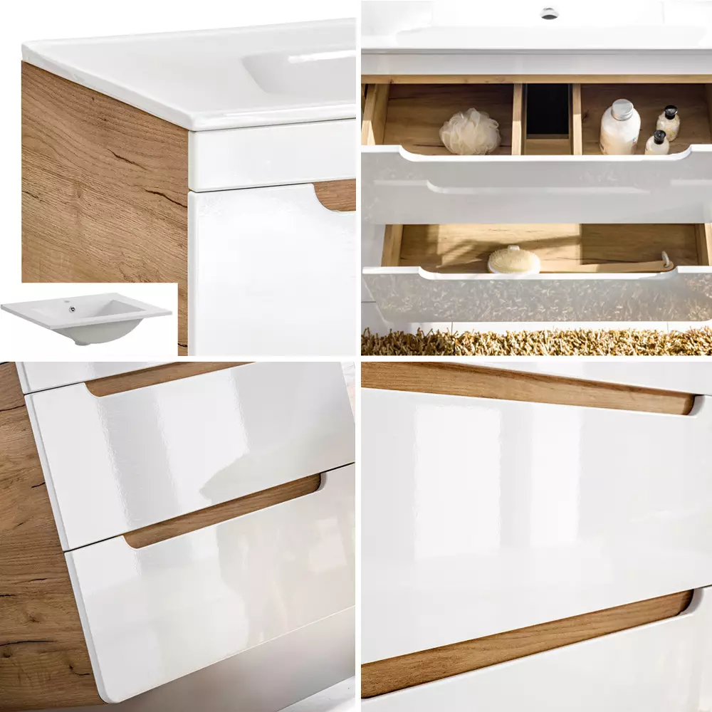 Lomadox Badezimmer Set Hochglanz weiß mit Wotan Eiche Nb. LUTON-56 mit 81 cm Waschtisch & LED-Spiegelschrank, B/H/T ca. 130/200/46 cm Kostenloser Versand