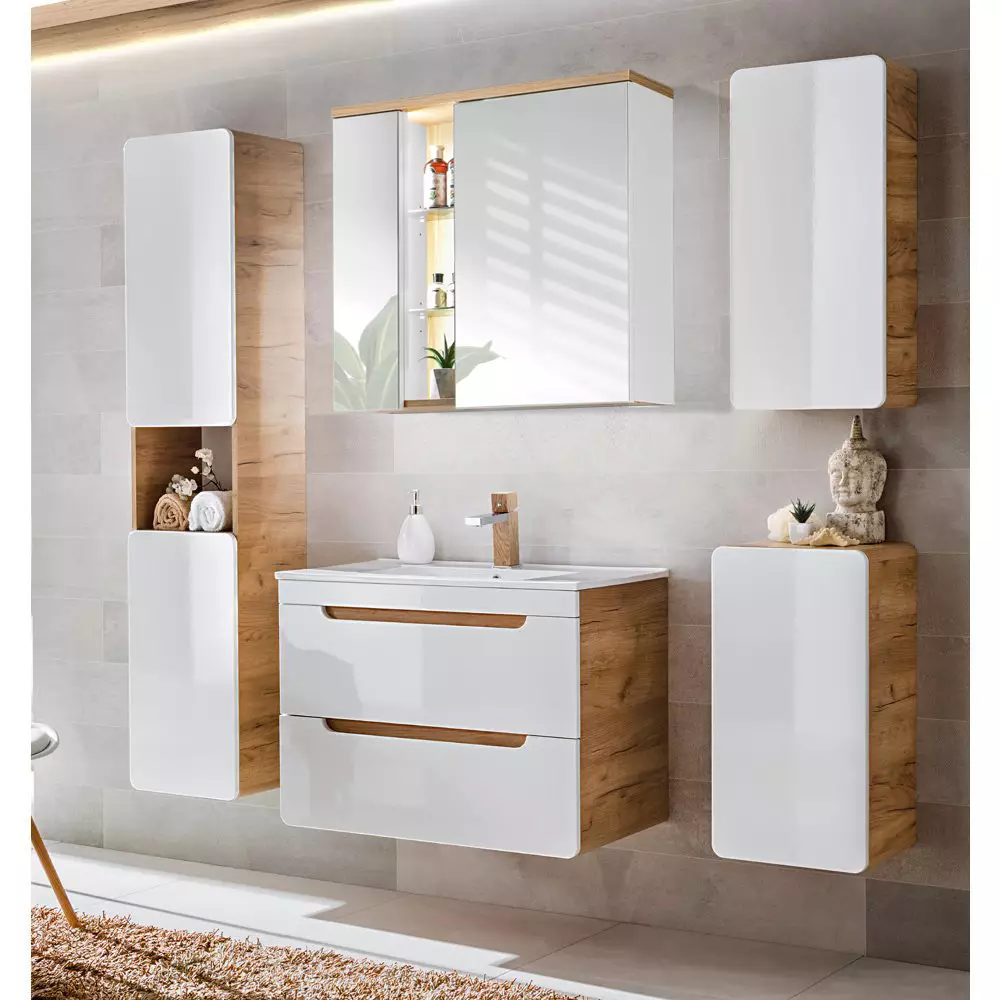 Lomadox Badezimmer Set in Hochglanz weiß, Wotan Eiche Nb. LUTON-56 mit 81 cm Keramik-Waschtisch & LED-Spiegelschrank B/H/T ca. 181/195/46 cm
