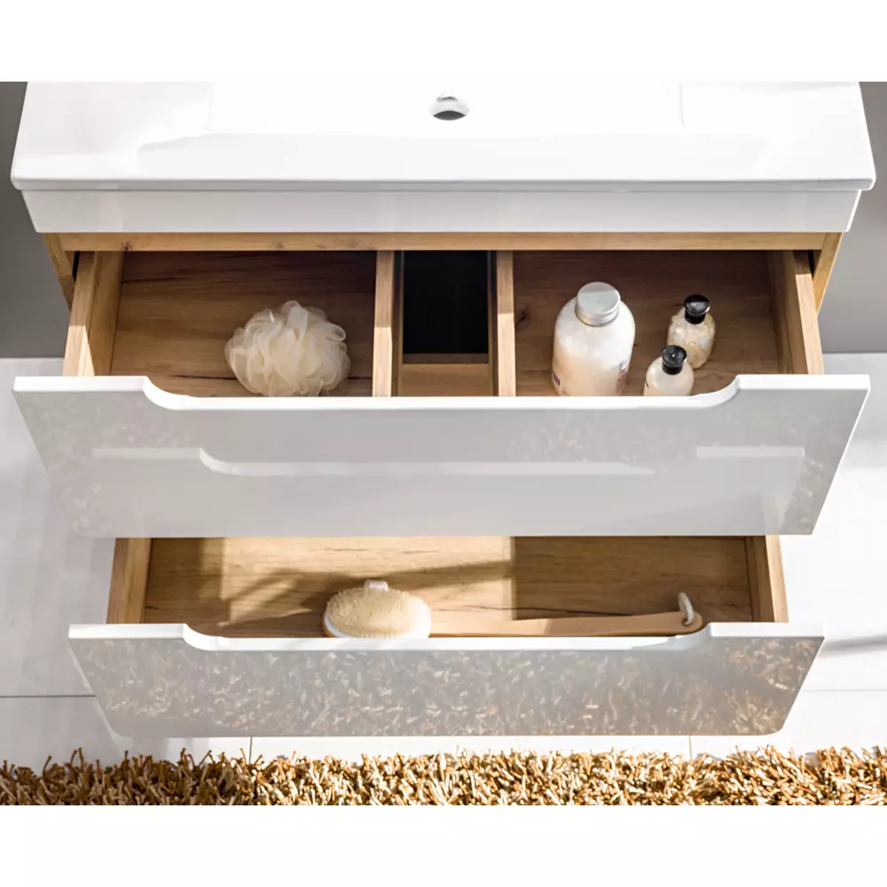 Lomadox Badezimmer Set in Hochglanz weiß, Wotan Eiche Nb. LUTON-56 mit 81 cm Keramik-Waschtisch & LED-Spiegelschrank B/H/T ca. 181/195/46 cm Limitierter Zeitrabatt