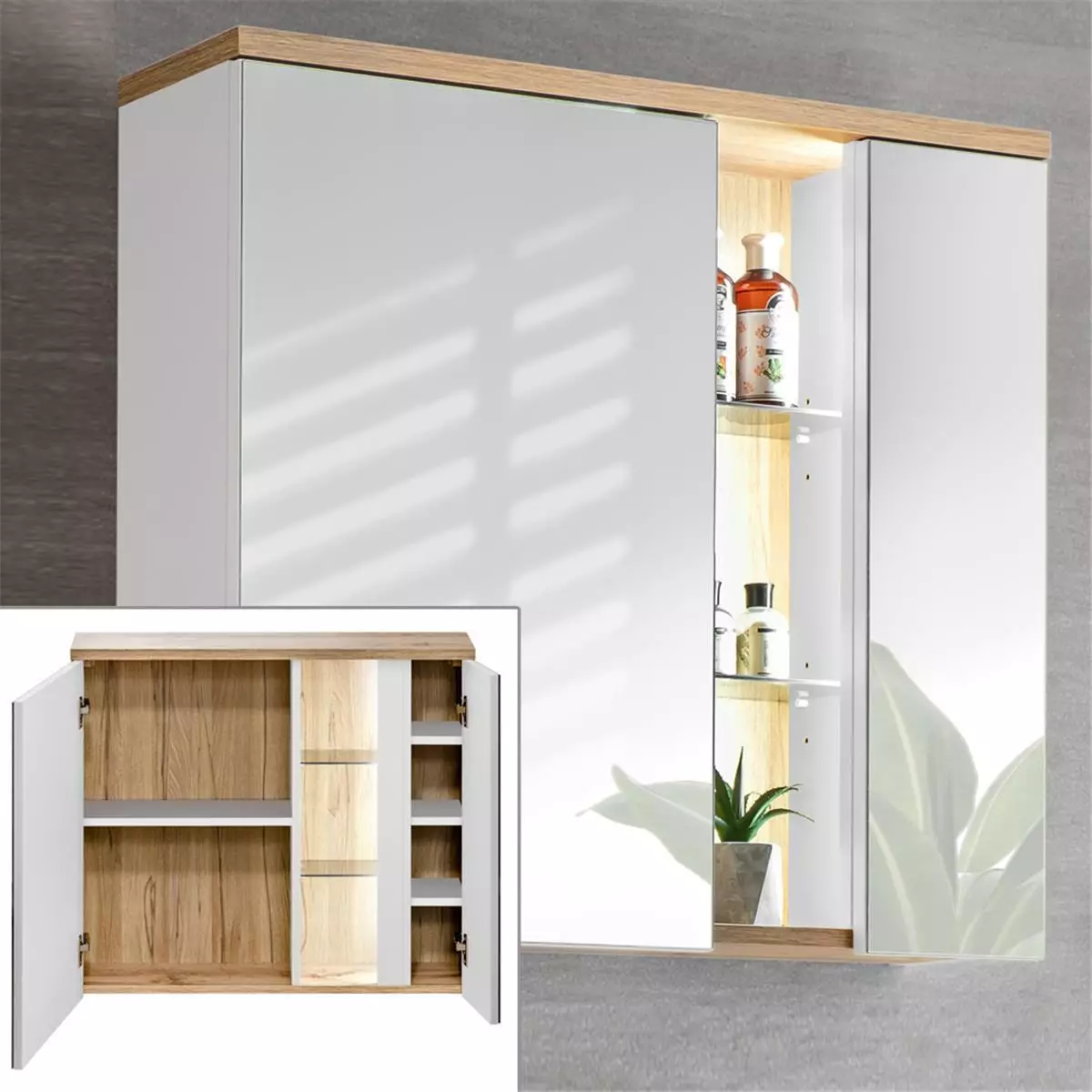 Lomadox Badezimmer Set in Hochglanz weiß, Wotan Eiche Nb. LUTON-56 mit 81 cm Keramik-Waschtisch & LED-Spiegelschrank B/H/T ca. 181/195/46 cm Limitierter Zeitrabatt