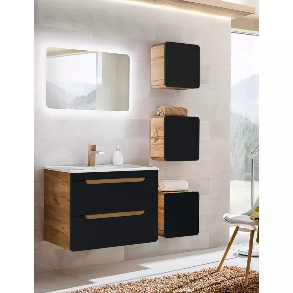 Lomadox Badezimmer Set in seidenmatt anthrazit mit Wotan Eiche Nb. NEW-LUTON mit 81 cm Keramik-Waschtisch & LED-Spiegel, B/H/T ca. 130/200/46 cm