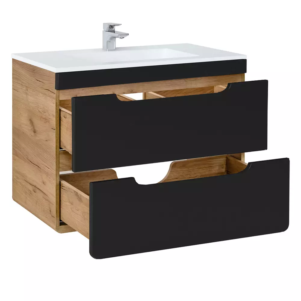 Lomadox Badezimmer Set in seidenmatt anthrazit mit Wotan Eiche Nb. NEW-LUTON mit 81 cm Keramik-Waschtisch & LED-Spiegel, B/H/T ca. 130/200/46 cm Fabrik Onlineshop