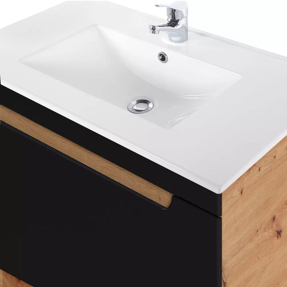 Lomadox Badezimmer Set in seidenmatt anthrazit mit Wotan Eiche Nb. NEW-LUTON mit 81 cm Keramik-Waschtisch & LED-Spiegel, B/H/T ca. 130/200/46 cm Fabrik Onlineshop