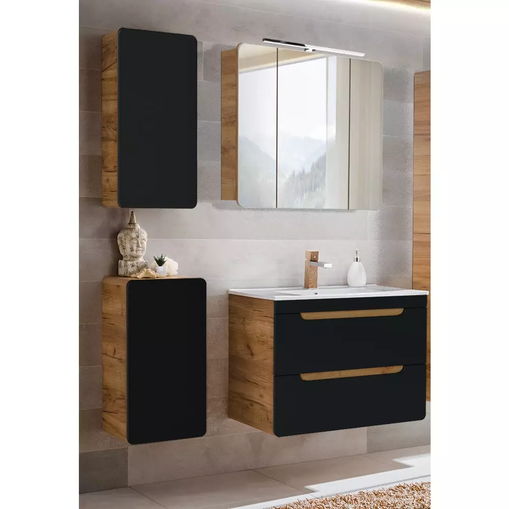 Lomadox Badezimmer Set in seidenmatt anthrazit mit Wotan Eiche Nb. NEW-LUTON mit 81 cm Keramik-Waschtisch & LED-Spiegelschrank, B/H/T ca. 130/200/46 cm