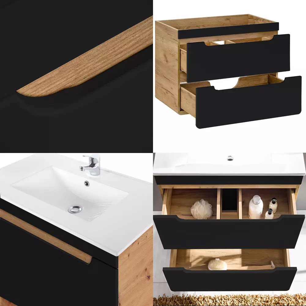 Lomadox Badezimmer Set in seidenmatt anthrazit mit Wotan Eiche Nb. NEW-LUTON mit 81 cm Keramik-Waschtisch & LED-Spiegelschrank, B/H/T ca. 130/200/46 cm Fabrikpreis