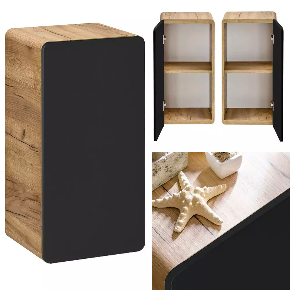 Lomadox Badezimmer Set in seidenmatt anthrazit mit Wotan Eiche Nb. NEW-LUTON mit 81 cm Keramik-Waschtisch & LED-Spiegelschrank, B/H/T ca. 130/200/46 cm Fabrikpreis