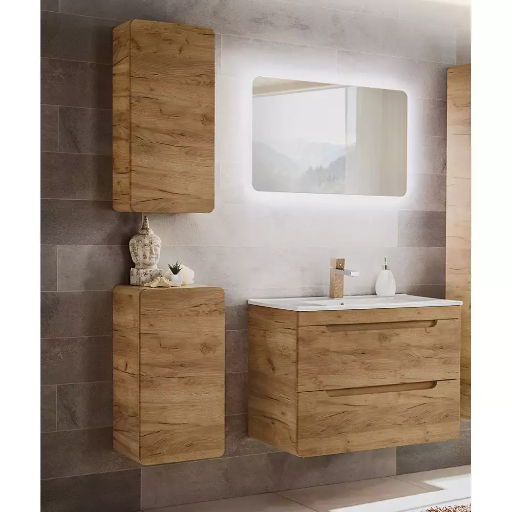 Lomadox Badezimmer Set in Wotan Eiche Nb. LUTON-56-CRAFT LED-Spiegel und Keramik-Waschtisch, B/H/T ca. 130/200/46 cm