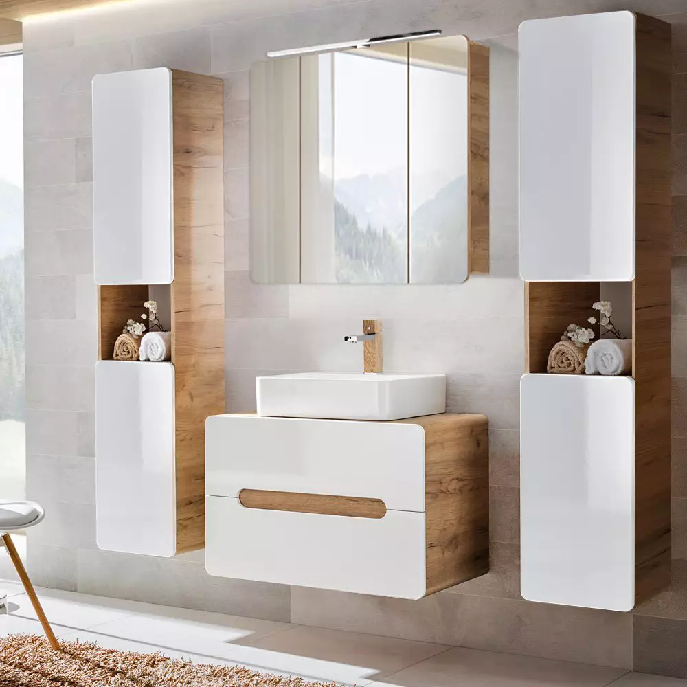Lomadox Badezimmer Set mit LED-Spiegelschrank & Keramik Waschtisch LUTON-56 in Hochglanz weiß mit Wotan Eiche Nb., B/H/T ca. 180/200/46 cm