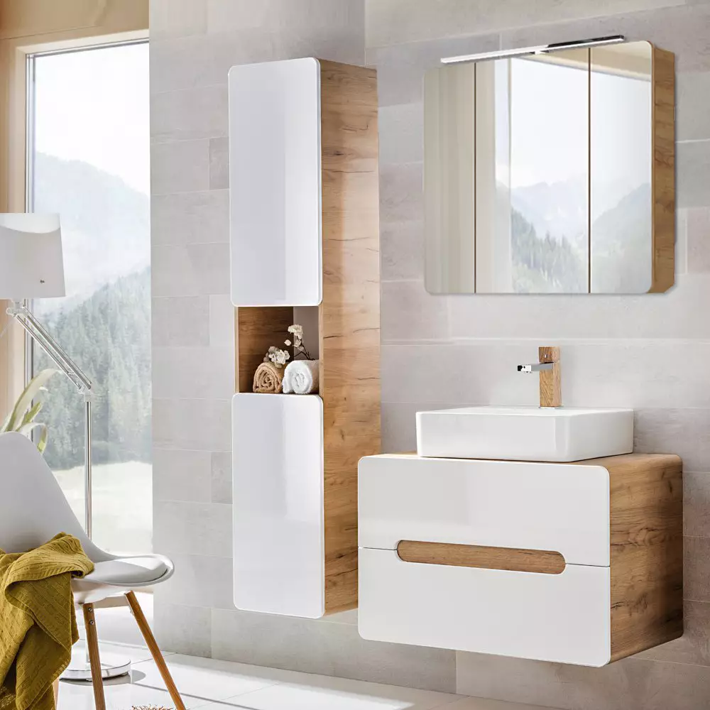 Lomadox Badezimmer Set mit LED-Spiegelschrank LUTON-56 Hochglanz weiß mit Wotan Eiche Nb., B/H/T CA: 130/200/46 cm