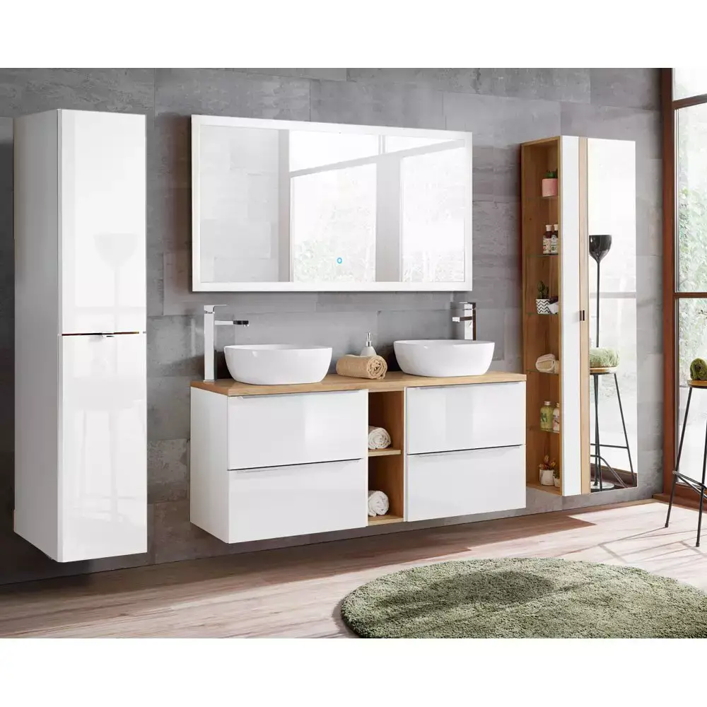 Lomadox Badezimmer Set weiß Hochglanz mit Keramik-Doppel-Waschtisch TOSKANA-56 LED-Touch-Spiegel, BxHxT ca. 260/190/46cm