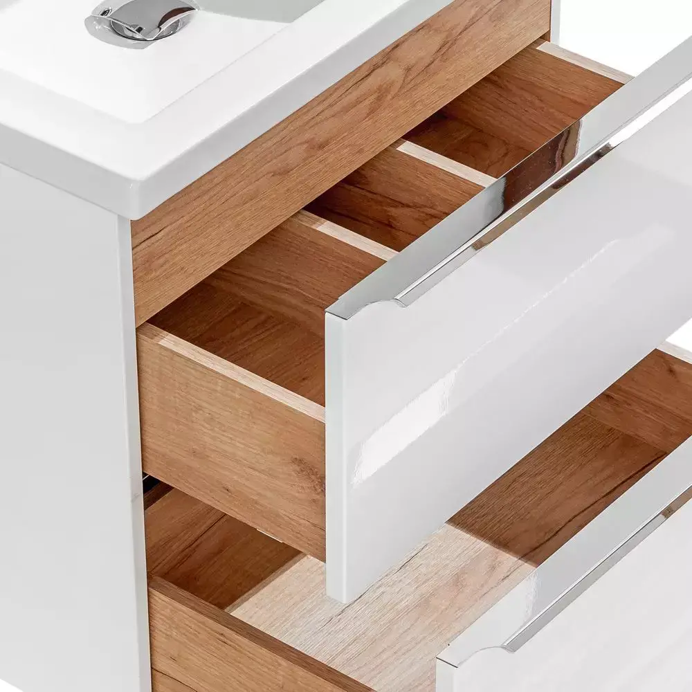 Lomadox Badezimmer Set weiß Hochglanz mit Keramik-Doppel-Waschtisch TOSKANA-56 LED-Touch-Spiegel, BxHxT ca. 260/190/46cm Großer Ausverkauf
