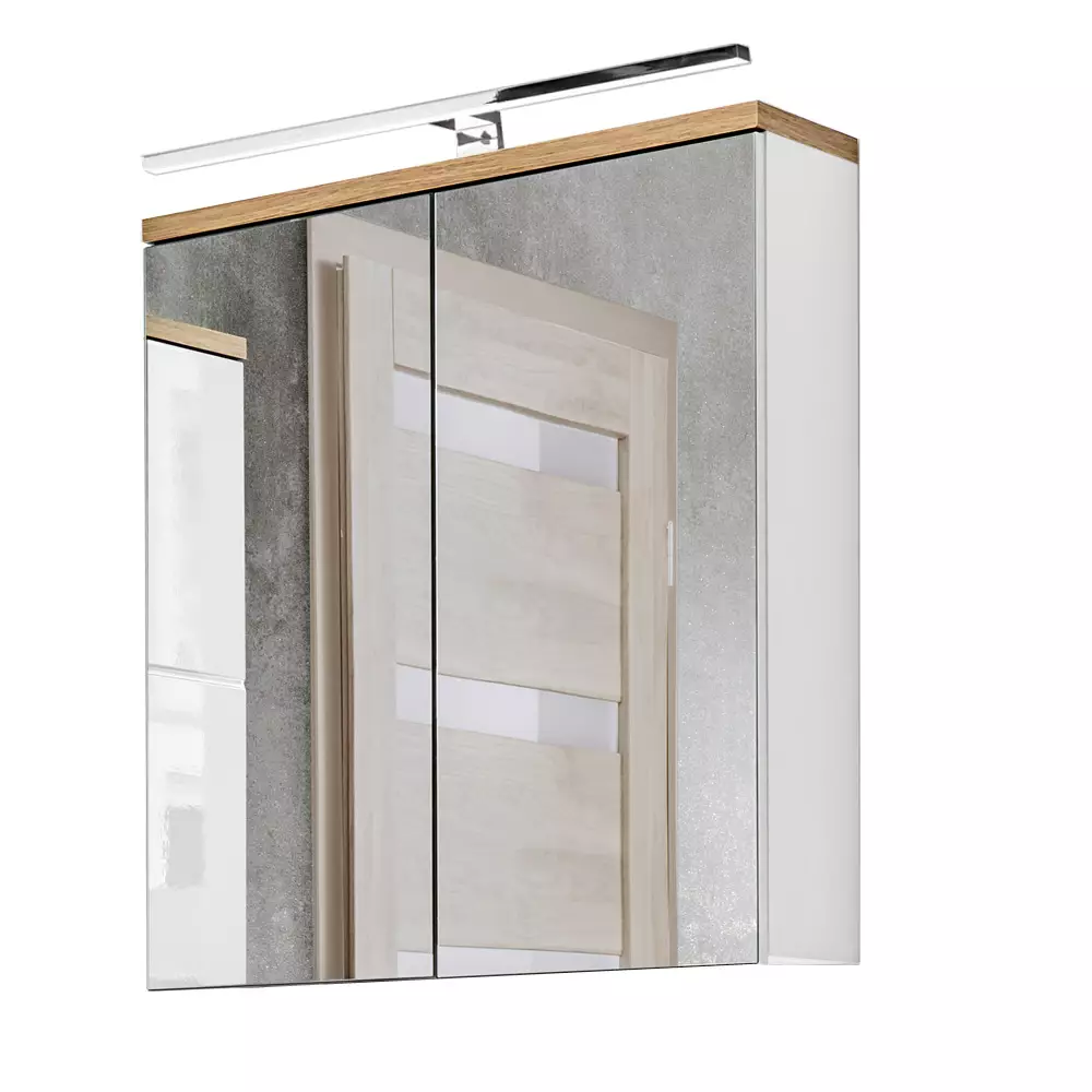 Lomadox Badezimmer Spiegelschrank 60 cm LED-Beleuchtung LUTON-56 weiß mit Wotan Eiche Nb., B/H/T ca. 60/70/20 cm