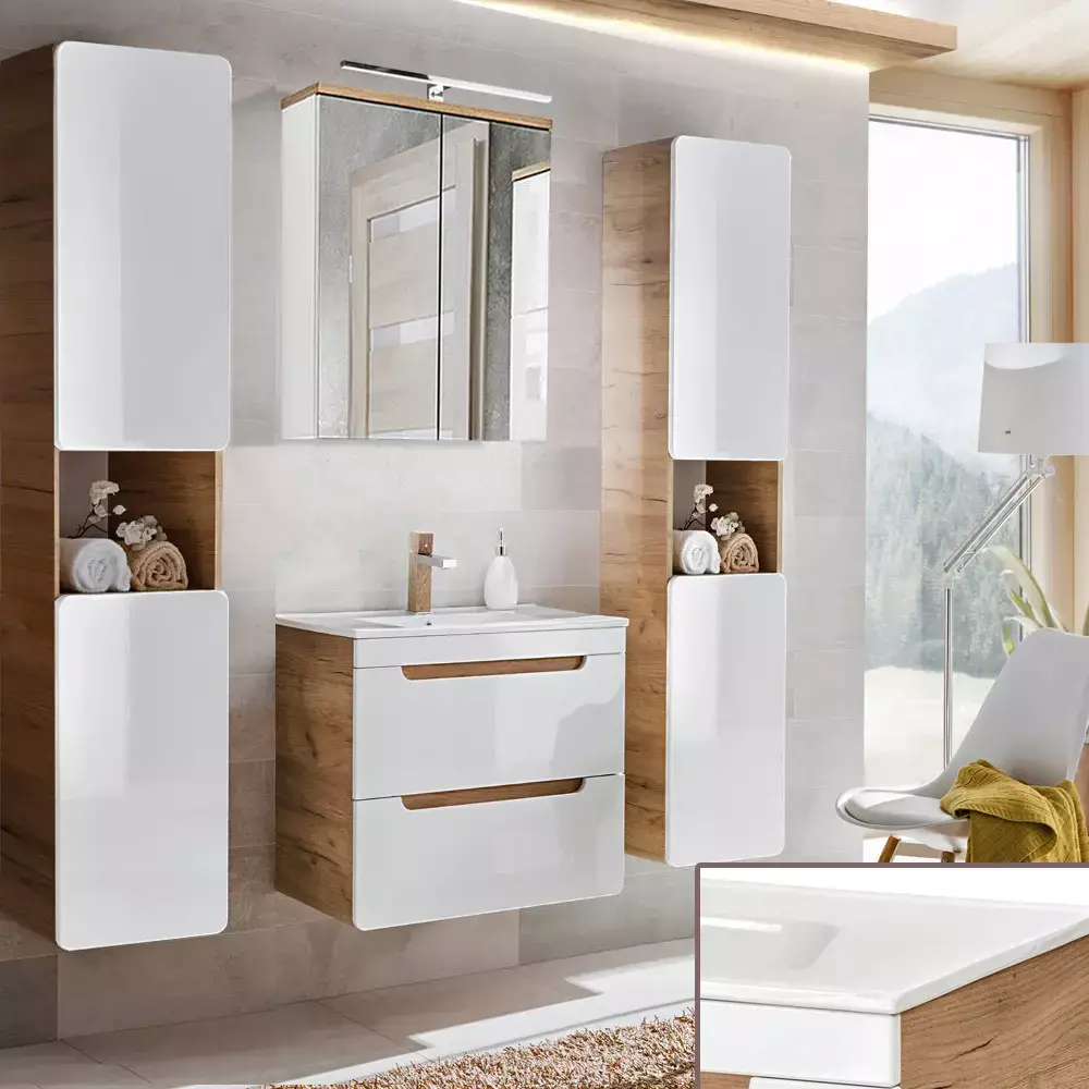 Lomadox Badezimmer Spiegelschrank 60 cm LED-Beleuchtung LUTON-56 weiß mit Wotan Eiche Nb., B/H/T ca. 60/70/20 cm Flash Sale