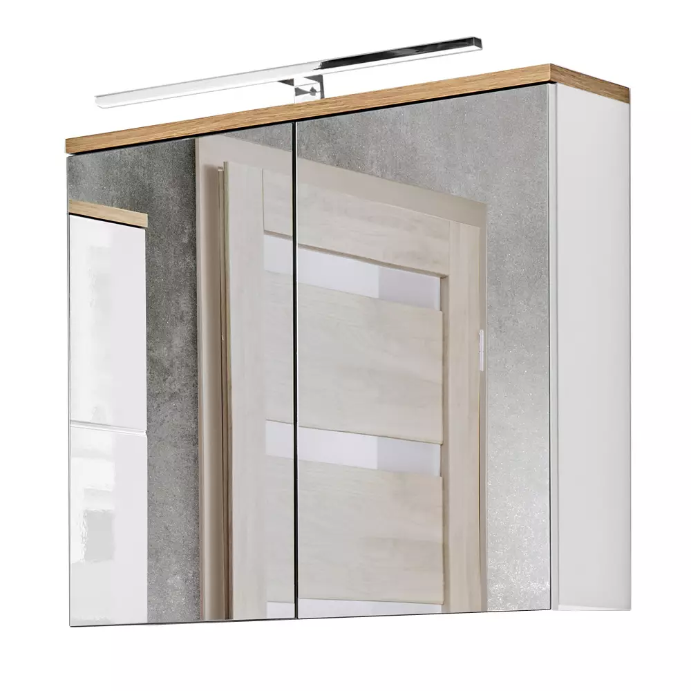 Lomadox Badezimmer Spiegelschrank 80 cm LED-Beleuchtung LUTON-56 Hochglanz weiß mit Wotan Eiche Nb., B/H/T ca. 80/70/20 cm