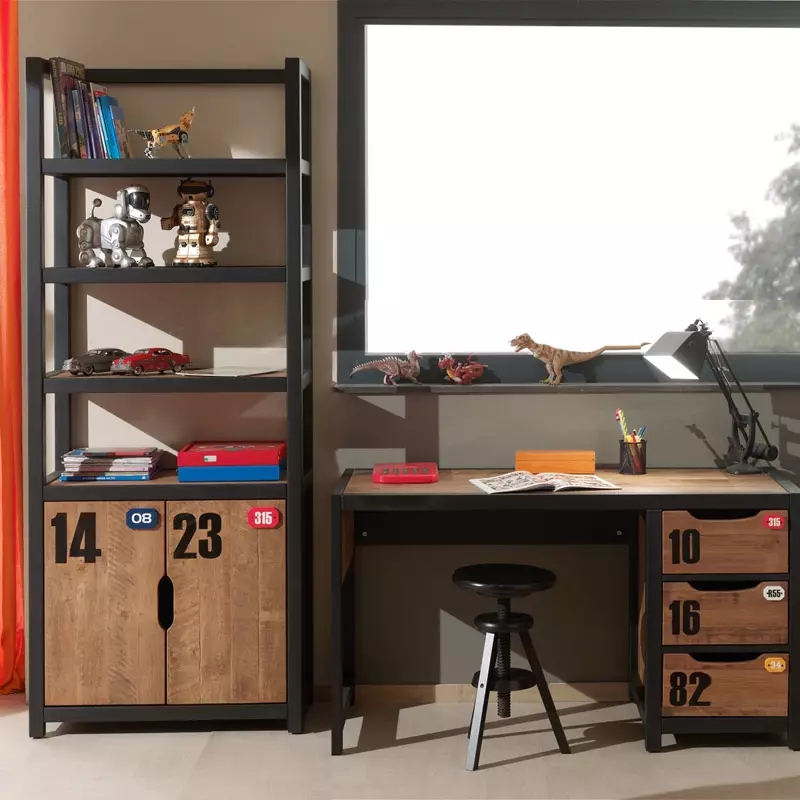 Lomadox Jugendzimmer Set massiv CUSCO-1 Regal und Schreibtisch, cognacfarbig, schwarz, B x H x T ca 225 x 200 x 60cm