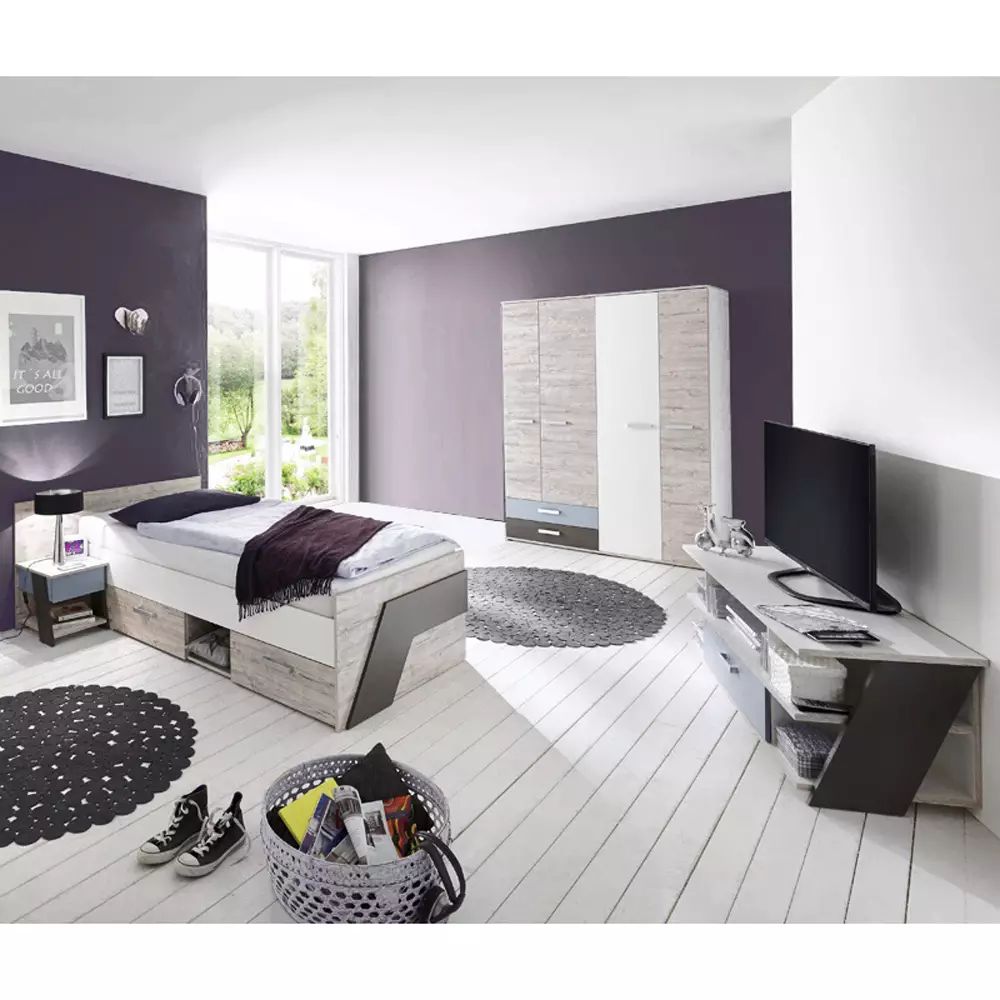 Lomadox Jugendzimmer Set 4-teilig LEEDS-10 in Sandeiche Nb. mit weiß, Lava und Denim Blau mit Lowboard