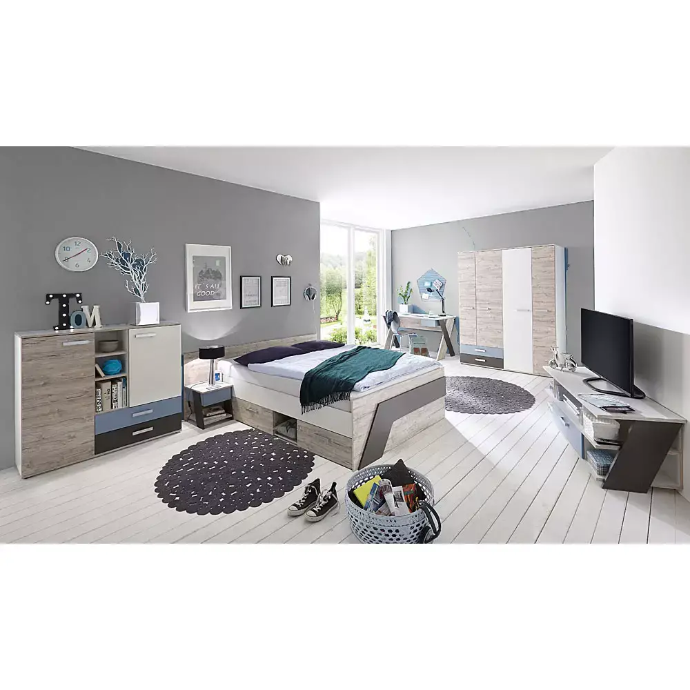 Lomadox Jugendzimmer Set mit Bett 140x200 cm 6-teilig LEEDS-10 in Sandeiche Nachbildung mit weiß, Lava und Denim Blau