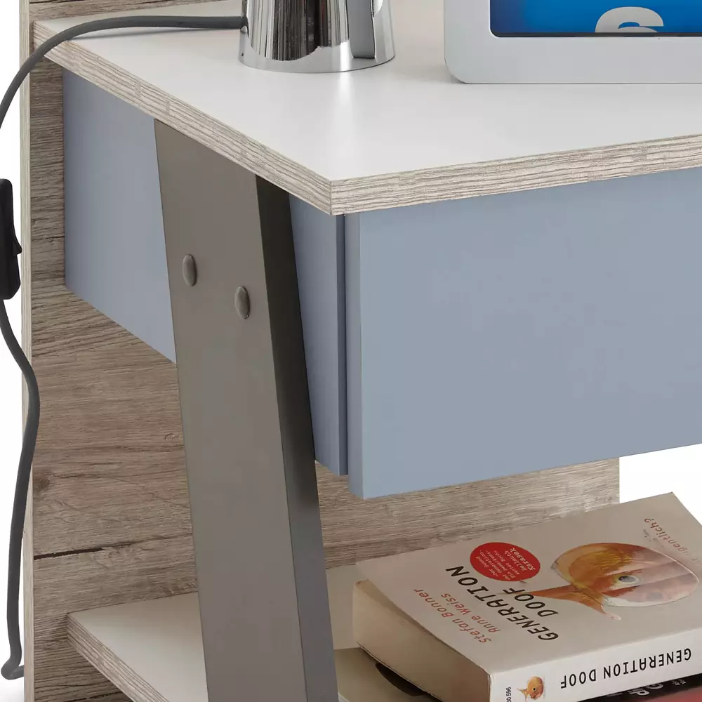 Lomadox Jugendzimmer Set mit Bett 140x200 cm 6-teilig LEEDS-10 in Sandeiche Nachbildung mit weiß, Lava und Denim Blau Cyber Monday