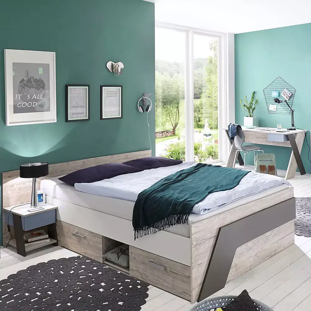 Lomadox Jugendzimmer Set mit Bett 140x200 cm mit Schreibtisch 3-teilig LEEDS-10 in Sandeiche Nb. mit weiß, Lava und Denim Blau